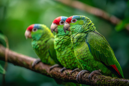 Trio of lively green parrots with striking red crowns huddle on a lush moss-covered branch, set against a gentle, forested backdrop filled with soft natural light.の写真素材