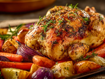 Juicy, herb-infused poultry with crispy skin sits at the center of a rustic tray, complemented by caramelized root vegetables for a comforting family feast.の写真素材