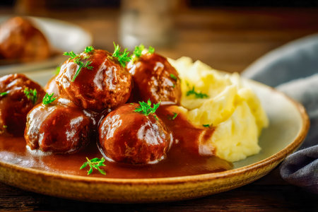 Juicy meatballs bathed in savory gravy rest atop smooth mashed potatoes, accented by fragrant herbs, all presented on a charming, rustic ceramic dish.の写真素材