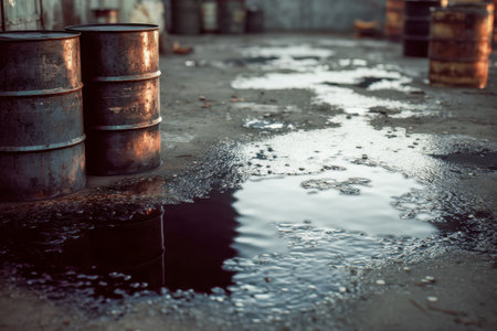 Dim twilight casts a somber glow over corroded containers beside slick dark patches and shallow puddles on fractured concrete, capturing industrial decay at sunset.の写真素材