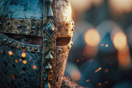 A fierce warrior's gaze pierces through a crusted, damage-marked helmet adorned with deadly spikes, with flickering embers swirling in a chaotic, fiery battlefield.の写真素材