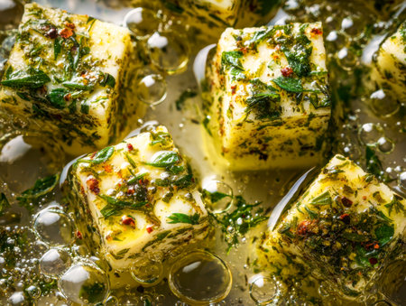 Vibrant feta cubes infused with aromatic herbs and fiery chili flakes, immersed in golden olive oil, set against a backdrop of fresh green spices, perfect for gourmeの写真素材