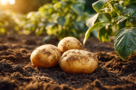 Rustic potatoes lie peacefully on damp earth, bathed in gentle sunlight amid lush green foliage, evoking freshness and natural bounty in an outdoor garden scene.の写真素材