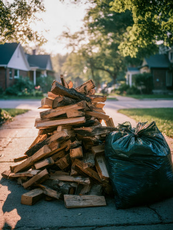 Warm afternoon light highlights a tidy arrangement of split logs beside a securely tied black bag, adding a cozy, rustic touch to a quiet neighborhood scene.の写真素材