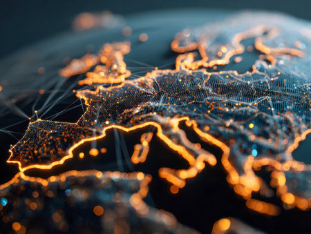 A sleek, illuminated map highlighting Europe's landscape at night, interconnected by vibrant glowing lines depicting data movement and advanced tech networks.の写真素材
