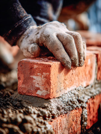 A close-up of a worker's hand in protective glove gently placing a vibrant brick onto wet mortar, highlighting skillful craftsmanship amid a busy construction enviroの写真素材