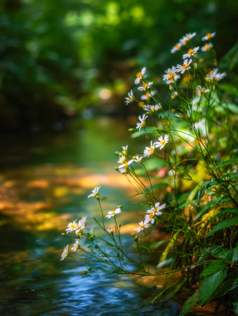 Breezy wildflowers thrive along a quiet stream in a luminous forest, where dappled sunlight enhances lush greens and warm golden tones in a serene setting.の写真素材