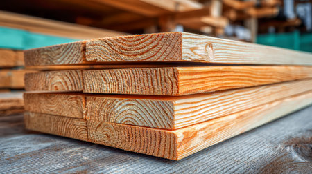 A neatly organized pile of polished wooden boards featuring intricate grain patterns, illuminated by gentle sunlight amid a busy lumberyard setting with softly blurrの写真素材