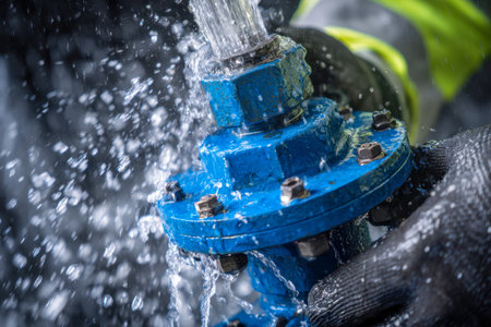A technician in waterproof gloves delicately works on a vibrant blue valve, water jetting outward during a timely maintenance in a damp industrial setting.の写真素材