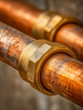 Rusted copper tubes adorned with polished brass connectors reveal intricate surface patterns and artisan engineering, emphasizing vintage industrial allure in a detaの写真素材