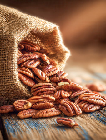 Sunlit scene featuring a coarse burlap pouch spilling a bounty of plump pecans onto an aged wooden surface, evoking warmth and rustic charm.の写真素材