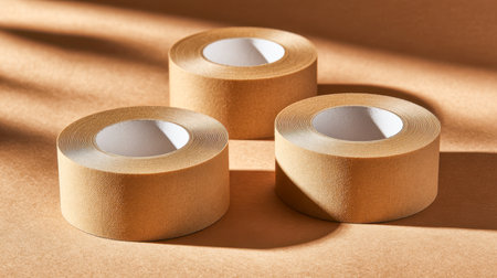Three warm-toned tape coils rest on a textured brown background, illuminated by gentle light that highlights their subtle creases?perfect for creative projects or paの写真素材