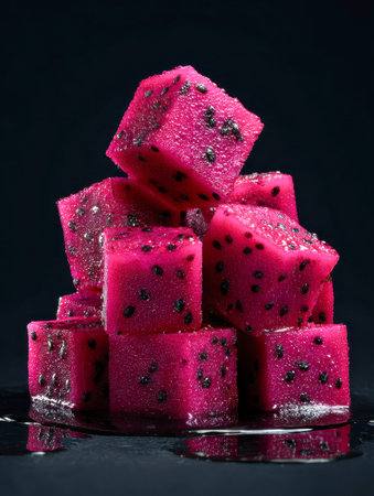 Bright red cubes of dragon fruit glisten with droplets, arranged on a glossy black surface that highlights their juicy texture and tiny black seeds.の写真素材
