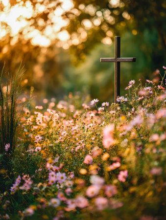 A rustic cross gently rests in a vibrant field of wildflowers, glowing softly under the golden hues of sunset, evoking tranquility and reflection in nature's embraceの写真素材