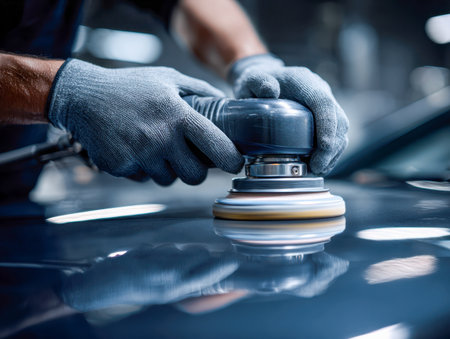 A skilled technician in a sleek garage employs a handheld electric buffer, wearing safety gloves, to achieve a mirror-like finish on a glossy dark vehicle.の写真素材