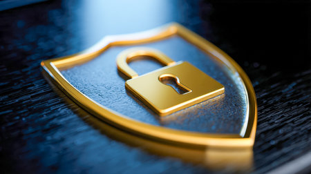 A luminous golden lock icon atop an armored shield, set against a sleek, dark mirror-like background, conveying robust digital safety and privacy assurance.の写真素材