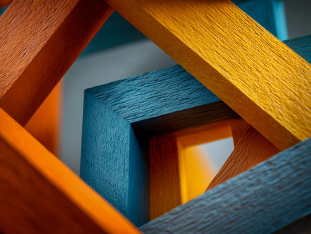 Boldly colored wooden structures form a tangled mosaic of overlapping shapes, showcasing textured surfaces and layered depth in a lively, modern aesthetic.の写真素材