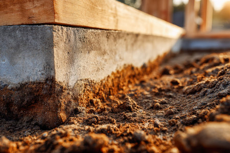 Rays of evening sun illuminate the emerging structure, with new concrete set and a timber frame rising amid earthy soil, capturing the promise of construction.の写真素材