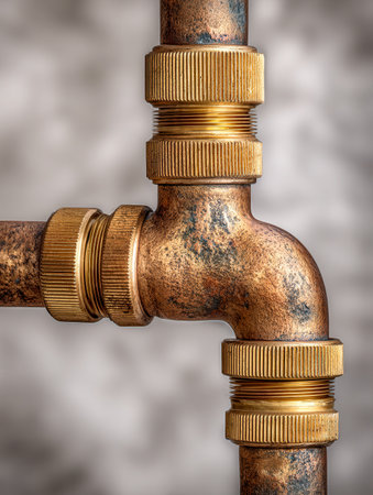Close-up of weathered metal pipes with intricate threading details and golden connectors, emphasizing textured surfaces and precise engineering against a softly blurの写真素材