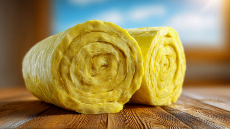 Two compact yellow insulating wraps rest on a wooden surface, illuminated by soft daylight from a bright window, creating a warm, cozy ambiance.の写真素材