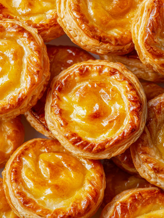 Freshly baked egg tarts with golden, flaky shells and smooth custard filling sit tightly together, creating an inviting presentation perfect for sweet indulgence.の写真素材