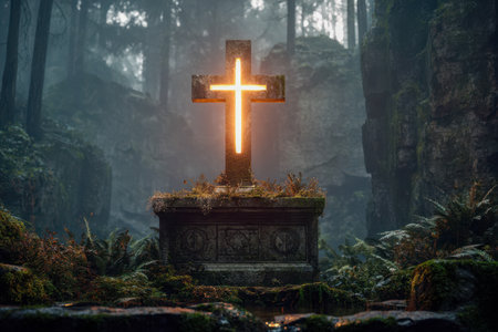 At dawn, a radiant cross casts an ethereal glow over a weathered stone relic, nestled among lush moss and ferns in a fog-shrouded woodland sanctuary.の写真素材