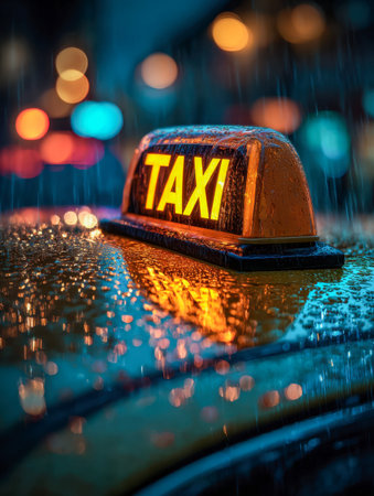 A glowing taxi indicator casts a warm light onto a wet roof, while shimmering city neon reds and blues create a lively, blurred backdrop on a rainy night.の写真素材
