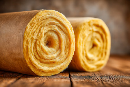 A vibrant yellow insulating roll, discreetly covered in kraft paper, rests on a weathered wooden table illuminated by soft, natural sunlight, ready for constructionの写真素材