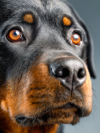 A striking Rottweiler's face captured in detail, highlighting deep brown eyes and characteristic black and tan markings, set against a soft gray backdrop with a gentの写真素材