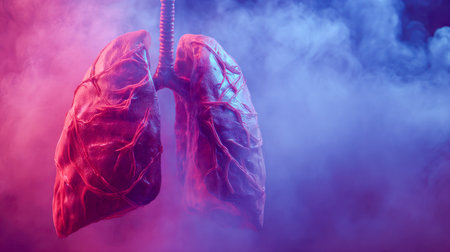 A vivid 3d depiction of human lungs encased in vibrant, swirling hues symbolizing breathing vitality and health, set against a sleek, futuristic medical environment.の写真素材