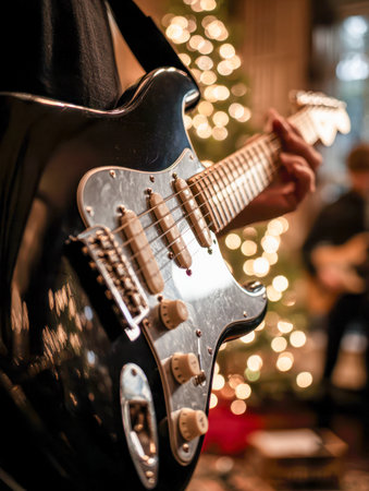 A musician gently strums a modern electric guitar in a cozy setting, illuminated by gentle holiday lights that cast a inviting glow, evoking festive warmth indoors.の写真素材