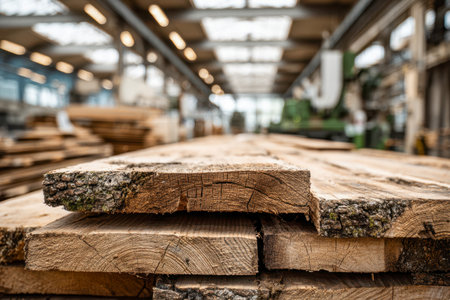 Sunlit interior reveals orderly rows of unfinished timber awaiting further processing, casting warm shadows amid a vast, airy workshop environment.の写真素材