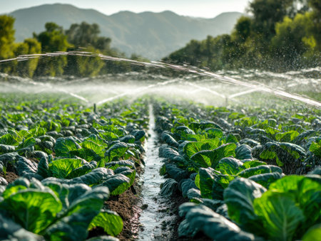 Vibrant green crops stretch across a fertile landscape, uniformly nourished by sprinklers, with majestic mountains and dense trees framing a bright, sunny sky.の写真素材