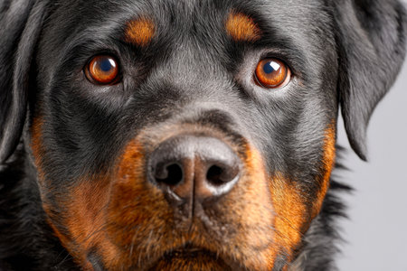 A striking close-up of a majestic canine with deep, soulful eyes and intricate fur patterns, set against a simple gray backdrop that highlights its noble features.の写真素材