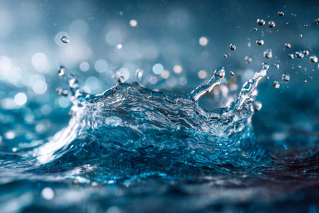 Vibrant blue droplets erupt in lively motion against a shimmering bokeh backdrop, with gentle waves rippling to evoke a sense of freshness and vitality.の写真素材