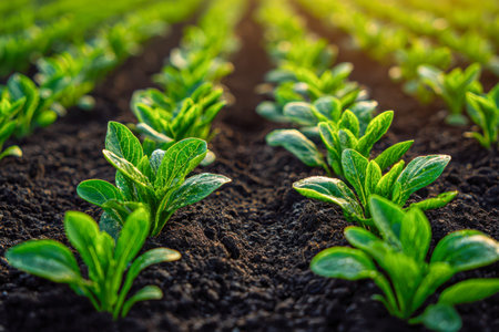 Vibrant spinach seedlings stretch upward in organized rows, bathed in soft morning light,...