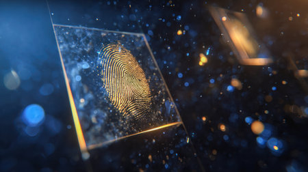 A luminous fingerprint radiates within clear cubes drifting through a shadowy cosmos, illuminated by vibrant blue and orange specks and soft bokeh effects.の写真素材