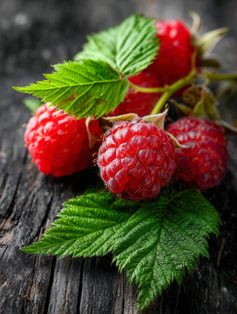 Bright red raspberries gleam amid lush green leaves, resting on weathered wood, capturing the pure...