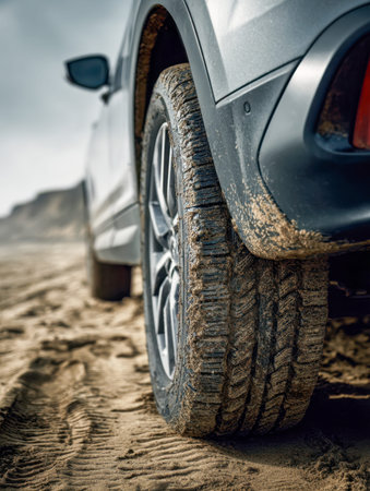 A sleek silver vehicle kicks up gritty terrain, leaving fresh mud trails across its surface amid a...