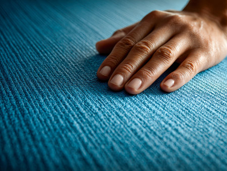 A male hand softly placed on a rippled blue surface, evoking serenity and focus, perfect for promoting holistic health and mental relaxation.の写真素材