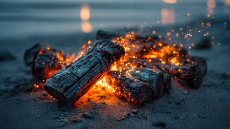 Warm, flickering flames cast a gentle glow on the sandy ground as fiery sparks dance in the fading...