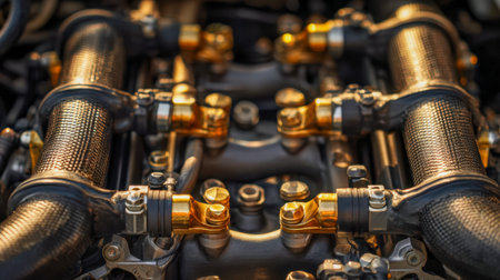 Close-up of a sophisticated automotive intake system featuring gleaming gold clamps and durable braided hoses, highlighting cutting-edge engineering and precision crの写真素材