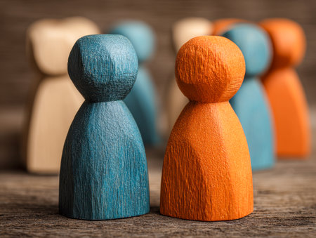 Two vibrant wooden figurines, one in blue and the other in orange, gaze at each other amid a colorful display of similar crafted pieces, symbolizing bonds and communの写真素材