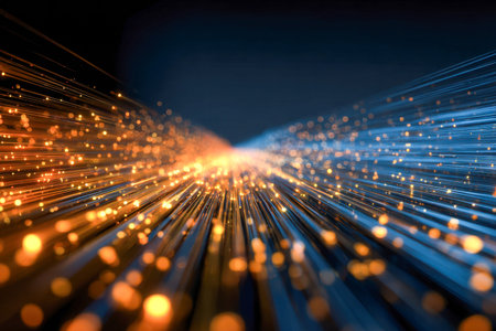 Vibrant glow of interconnected fibers merges with swift blue and orange streaks, illustrating a...