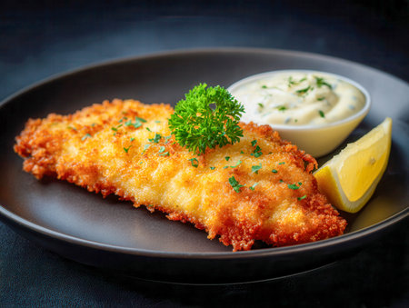 A perfectly battered, golden-brown fish fillet rests on a sleek black ceramic plate, topped with...