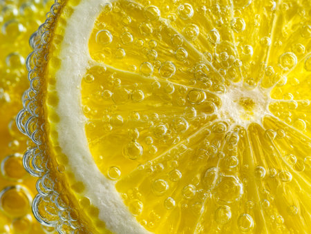 A bright lemon segment immersed in bubbly effervescence, with tiny bubbles adorning its rind, capturing a vivid and refreshing moment of citrus zestfulnessの写真素材