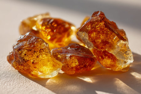 Warm amber stones with luminous, semi-transparent surfaces and rugged natural borders are gently...