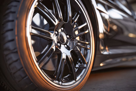 A glossy black rim with gleaming, intricate spokes glows under evening rays, its reflection shimmering on the dark asphalt as daylight fades.の写真素材