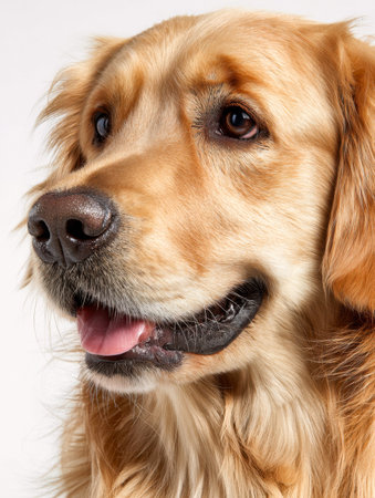 A joyful golden retriever with gleaming coat and warm, approachable eyes gazes softly to the side,...