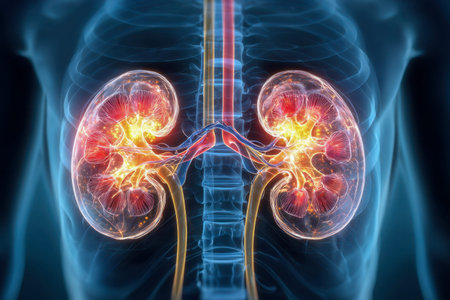 A vivid digital rendering depicts internal human anatomy, showcasing the kidneys in bold hues inside...